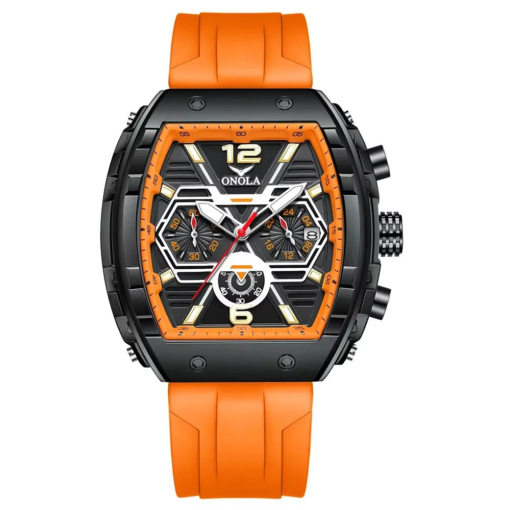 ONOLA 6852 Waterproof Date Calendar Clock Silicone Strap Fashion Casual Luxury Men's Wristwatch Tonneau Quartz Watches for Men