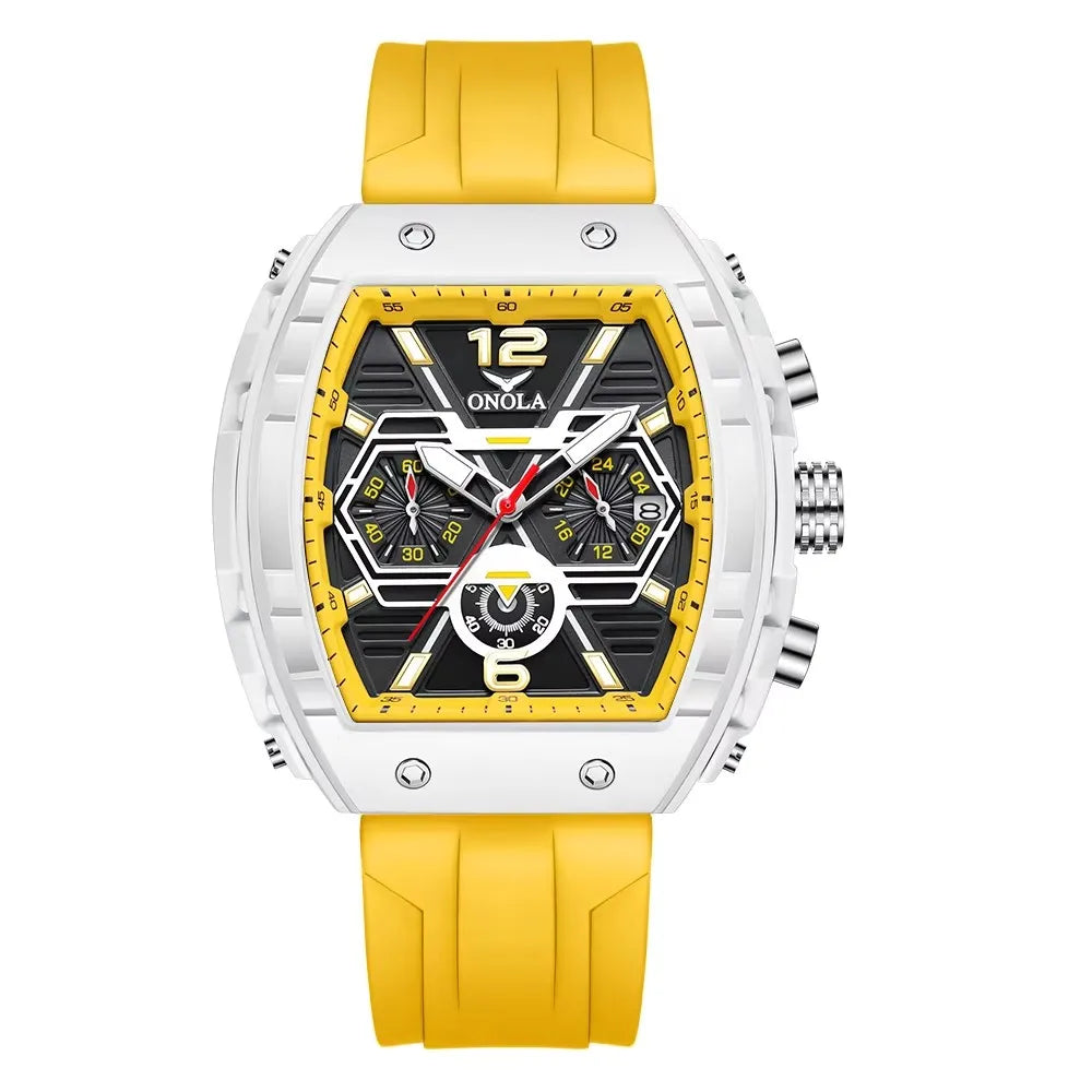 ONOLA 6852 Waterproof Date Calendar Clock Silicone Strap Fashion Casual Luxury Men's Wristwatch Tonneau Quartz Watches for Men