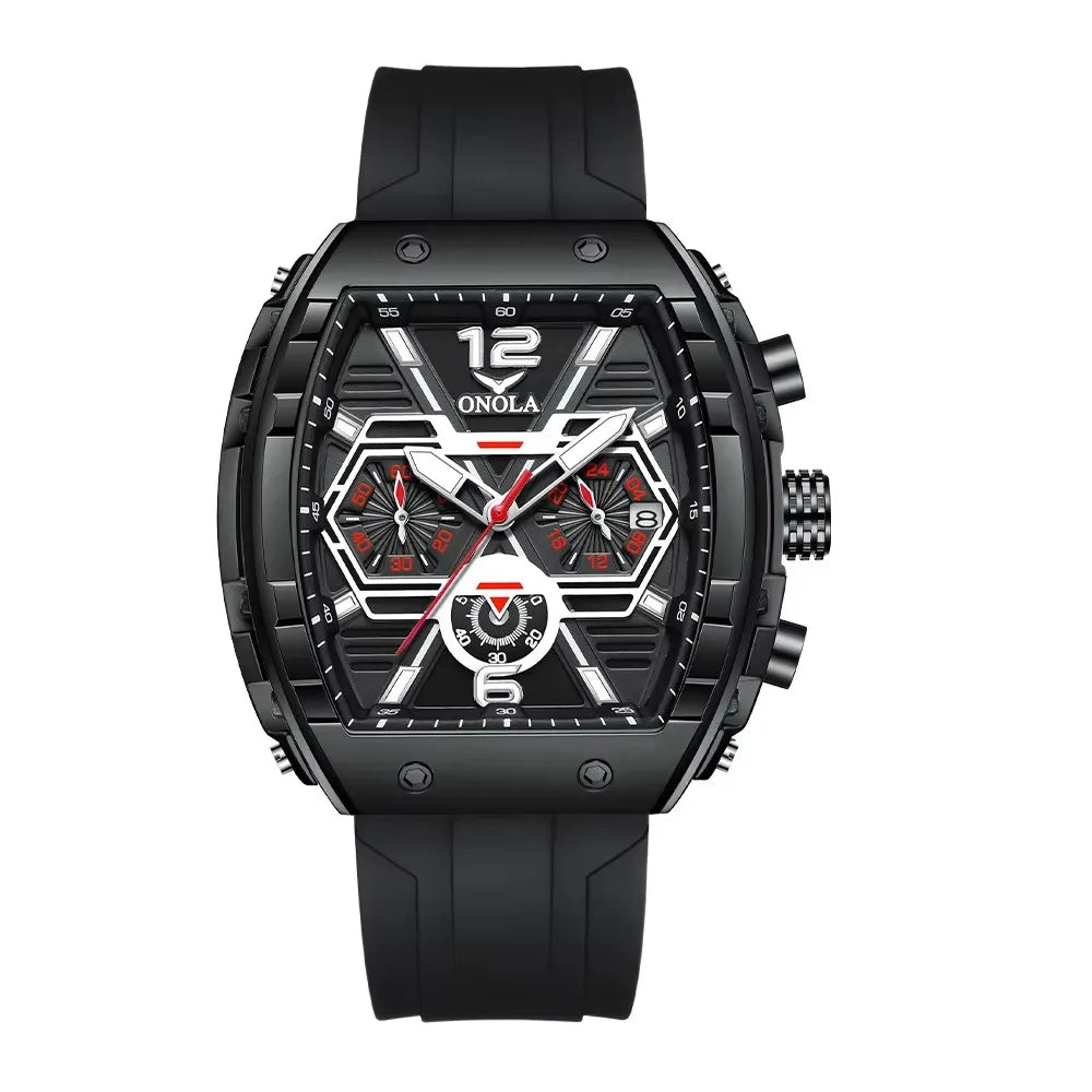 ONOLA 6852 Waterproof Date Calendar Clock Silicone Strap Fashion Casual Luxury Men's Wristwatch Tonneau Quartz Watches for Men