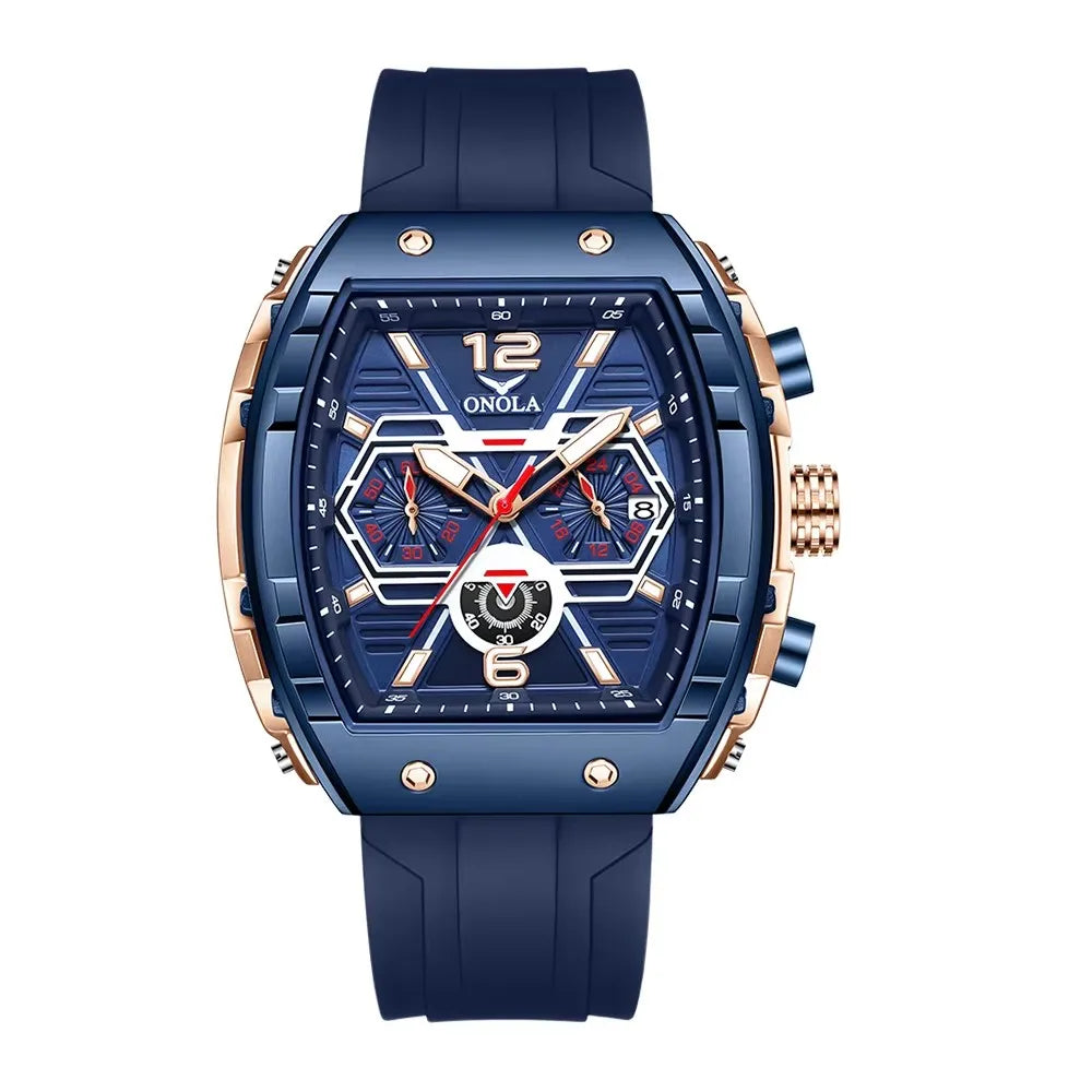 ONOLA 6852 Waterproof Date Calendar Clock Silicone Strap Fashion Casual Luxury Men's Wristwatch Tonneau Quartz Watches for Men