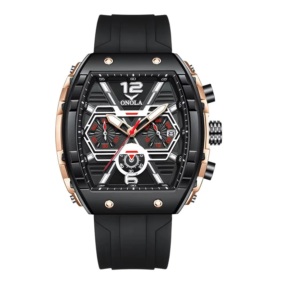 ONOLA 6852 Waterproof Date Calendar Clock Silicone Strap Fashion Casual Luxury Men's Wristwatch Tonneau Quartz Watches for Men