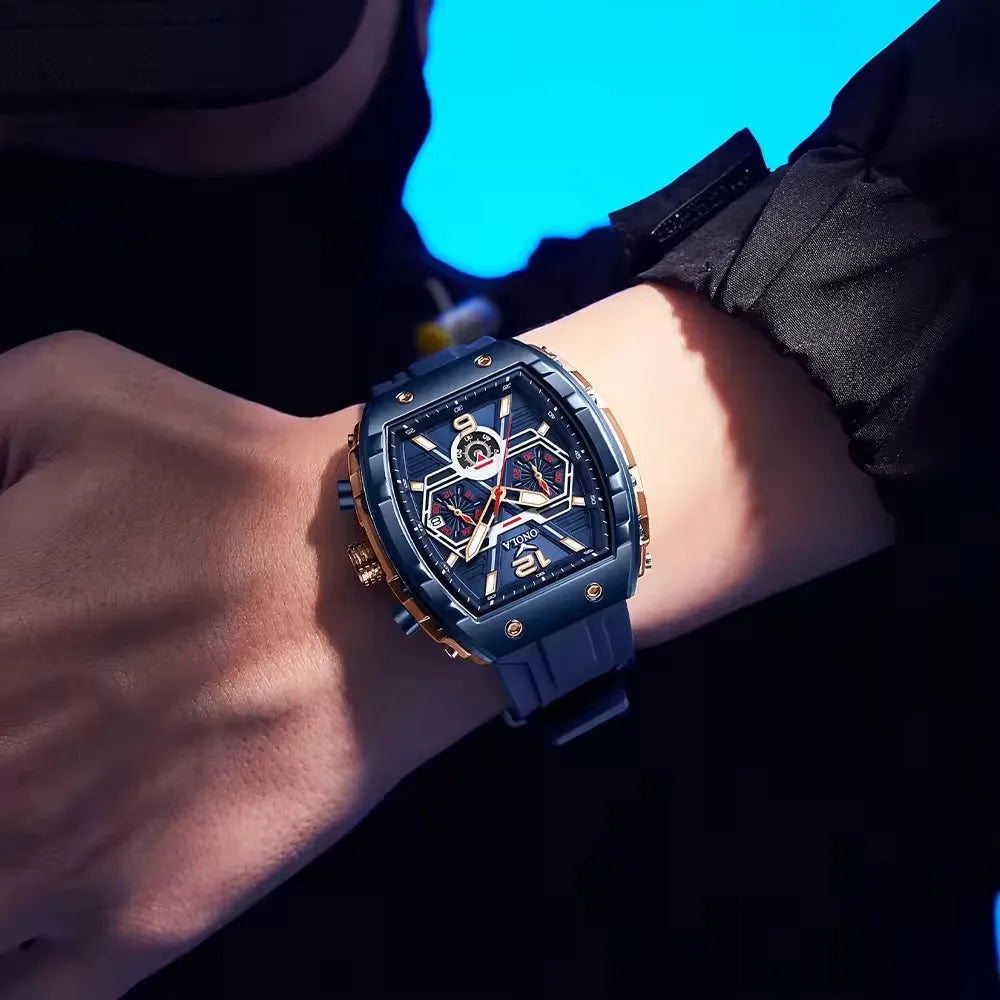 ONOLA 6852 Waterproof Date Calendar Clock Silicone Strap Fashion Casual Luxury Men's Wristwatch Tonneau Quartz Watches for Men