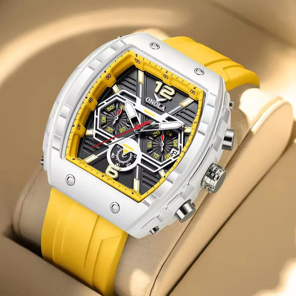 ONOLA 6852 Waterproof Date Calendar Clock Silicone Strap Fashion Casual Luxury Men's Wristwatch Tonneau Quartz Watches for Men