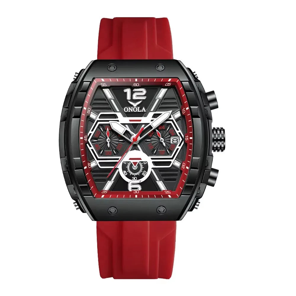 ONOLA 6852 Waterproof Date Calendar Clock Silicone Strap Fashion Casual Luxury Men's Wristwatch Tonneau Quartz Watches for Men