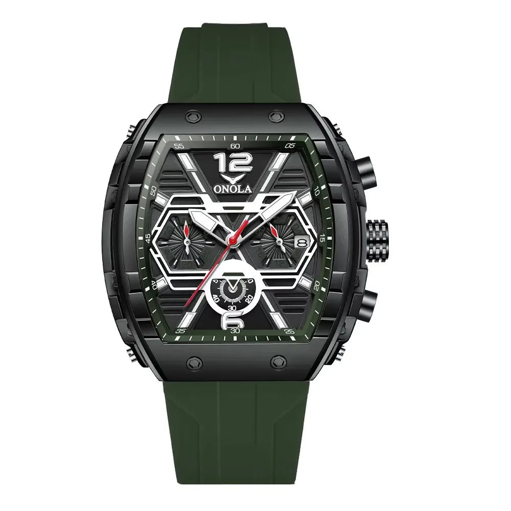 ONOLA 6852 Waterproof Date Calendar Clock Silicone Strap Fashion Casual Luxury Men's Wristwatch Tonneau Quartz Watches for Men