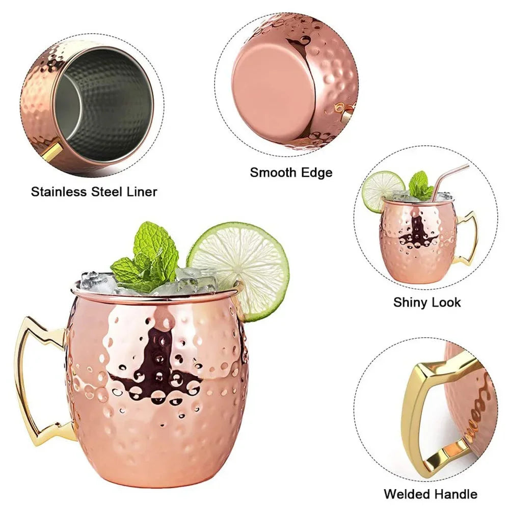 1-8PCS 500ML Moscow Mule Copper Mugs Metal Mug Cup Stainless Steel Hammered Copper Plated Beer Coffee Cup Bar Cocktail Wine Cups