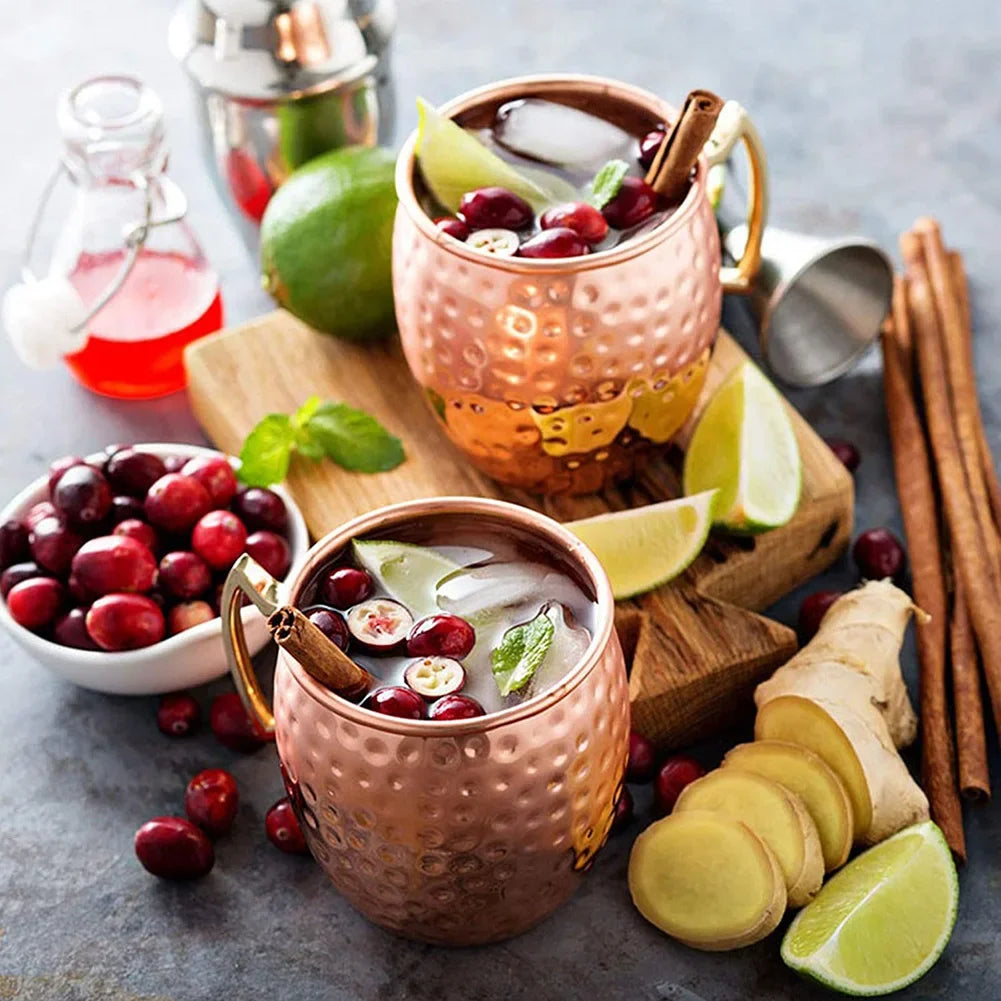 1-8PCS 500ML Moscow Mule Copper Mugs Metal Mug Cup Stainless Steel Hammered Copper Plated Beer Coffee Cup Bar Cocktail Wine Cups