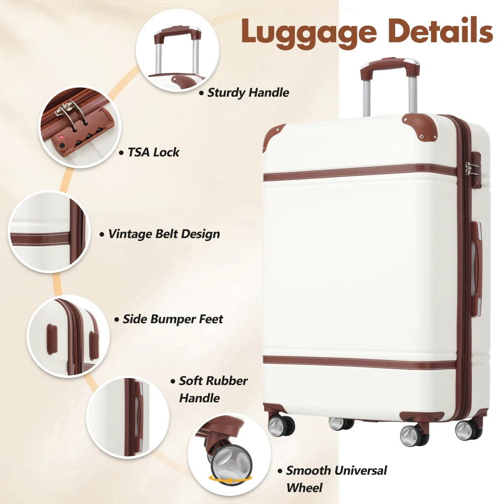 Hardshell Luggage Sets with Bags Lightweight Suitcase Double Spinner Wheels with TSA Lock Single Vintage Luggage 28 IN White