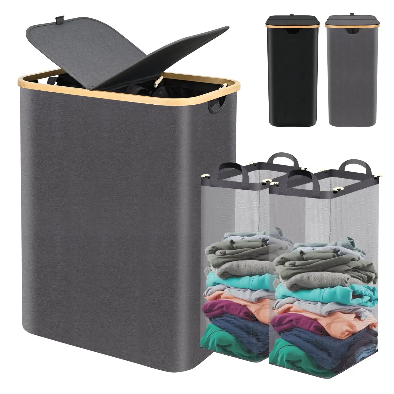 160L Large Capacity Laundry Hamper,Collapsible Laundry Basket with Lid, 2 Section Laundry Bin with Removable Bags