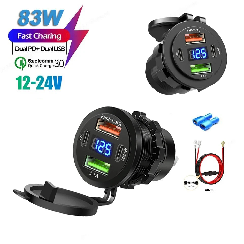 Car Charger Socket Dual Type-C & Dual USB 4Ports Fast Charging Socket Waterproof with Voltmeter 12V/24V For Car Boat Motorcycle