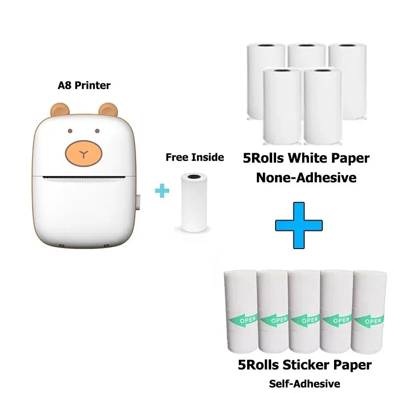 HD Mini Label Printer Thermal Portable A8 Printers Sticker Transparent Paper 57mm Inkless Wireless 203dpi Android IOS Phone