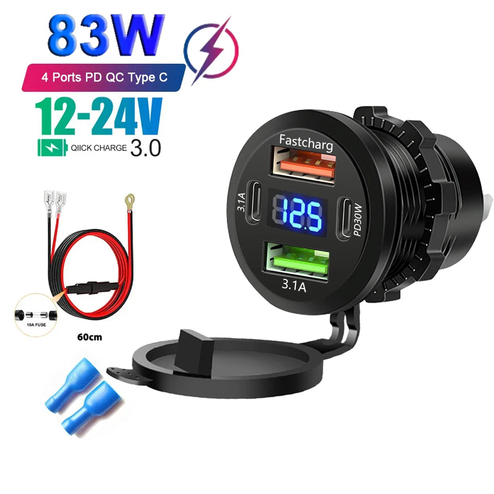 Car Charger Socket Dual Type-C & Dual USB 4Ports Fast Charging Socket Waterproof with Voltmeter 12V/24V For Car Boat Motorcycle