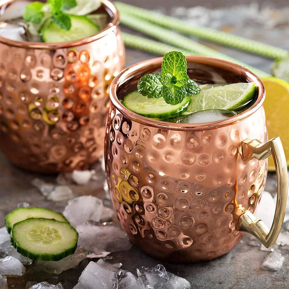 1-8PCS 500ML Moscow Mule Copper Mugs Metal Mug Cup Stainless Steel Hammered Copper Plated Beer Coffee Cup Bar Cocktail Wine Cups